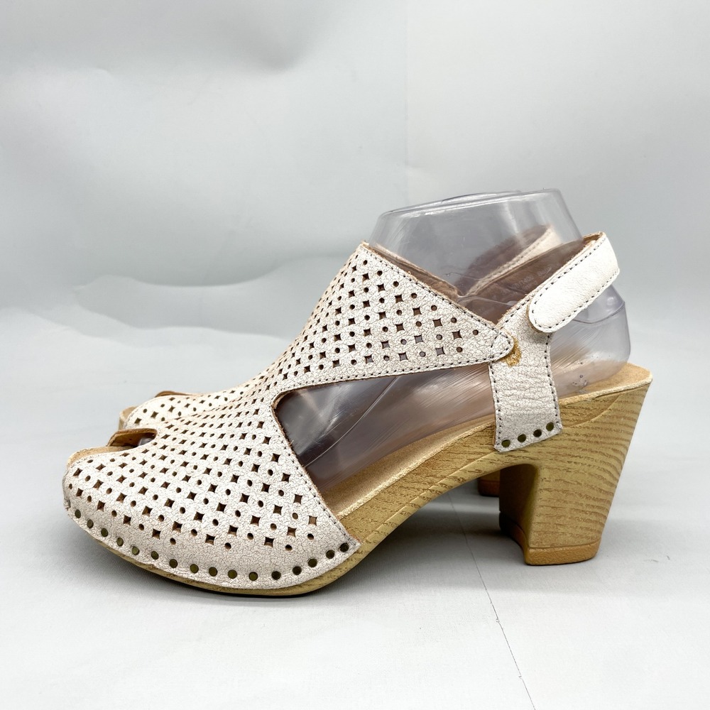 Dansko Womens 38 7.5 Teagan Heel Sandals Ivory Cutout Leather Peep Toe Clog Shoe - Picture 4 of 12